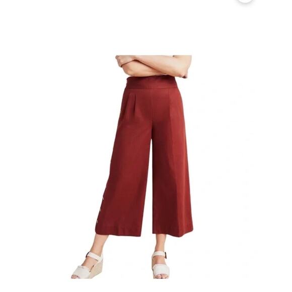 Anthropologie Pants Women’s 6 Brown Wide Leg Crop Side Button High Rise Linen - Picture 2 of 9